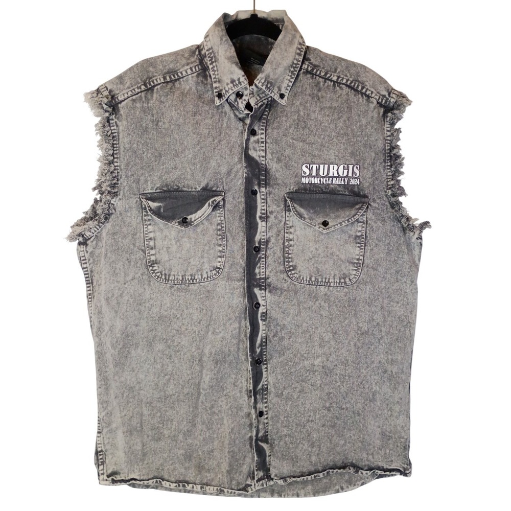 Biker's Pride Men's XL Sturgis 2024 Acid Wash Sleeveless Denim Vest Shirt Grunge